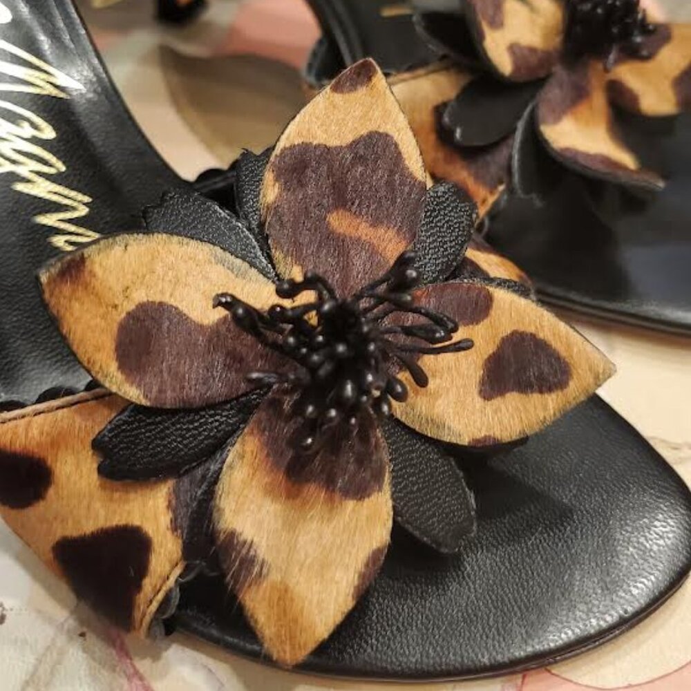 Sexy Magnolia Leopard Open Toe Pumps with Flower Detail Size 5.5 - Picture 7 of 9